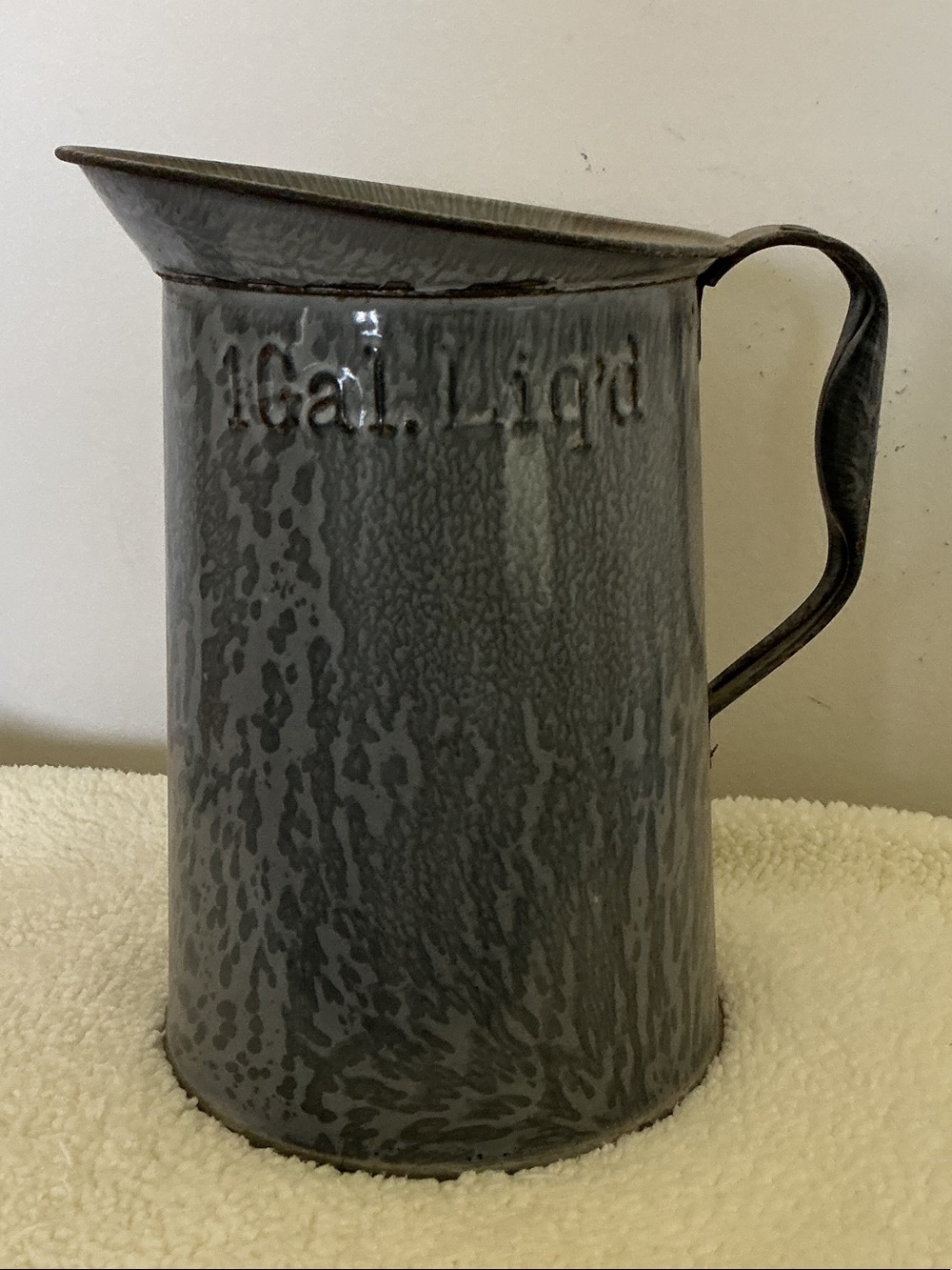 Vintage Graniteware Gray "1 Gal. Liq'd" Metal Pitcher